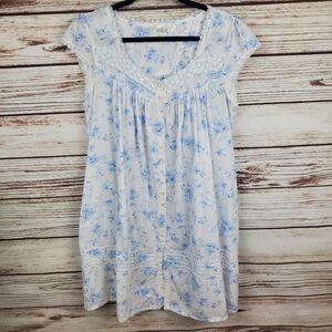 Eileen West Womens Medium White w/ Blue Flowers Cotton Cap Sleeve Short Gown